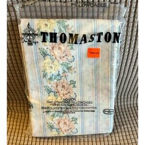 2 Vtg Thomston No Iron Floral Stripe Pink Blue Standard Size Pillowcase NOS